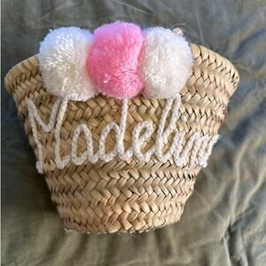 MADELINE Monogrammed Rattan Pom Pom Woven Basket